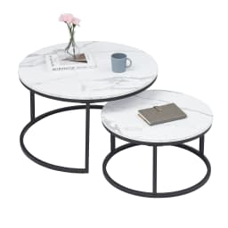 EGOONM White Marble Round Tea Desk End Table In Living Room Furniture Coffee Table Wooden Combination Home Metal Bracket