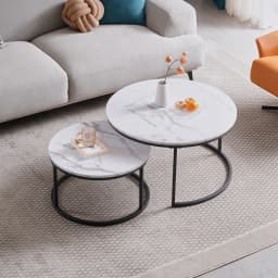 EGOONM White Marble Round Tea Desk End Table In Living Room Furniture Coffee Table Wooden Combination Home Metal Bracket