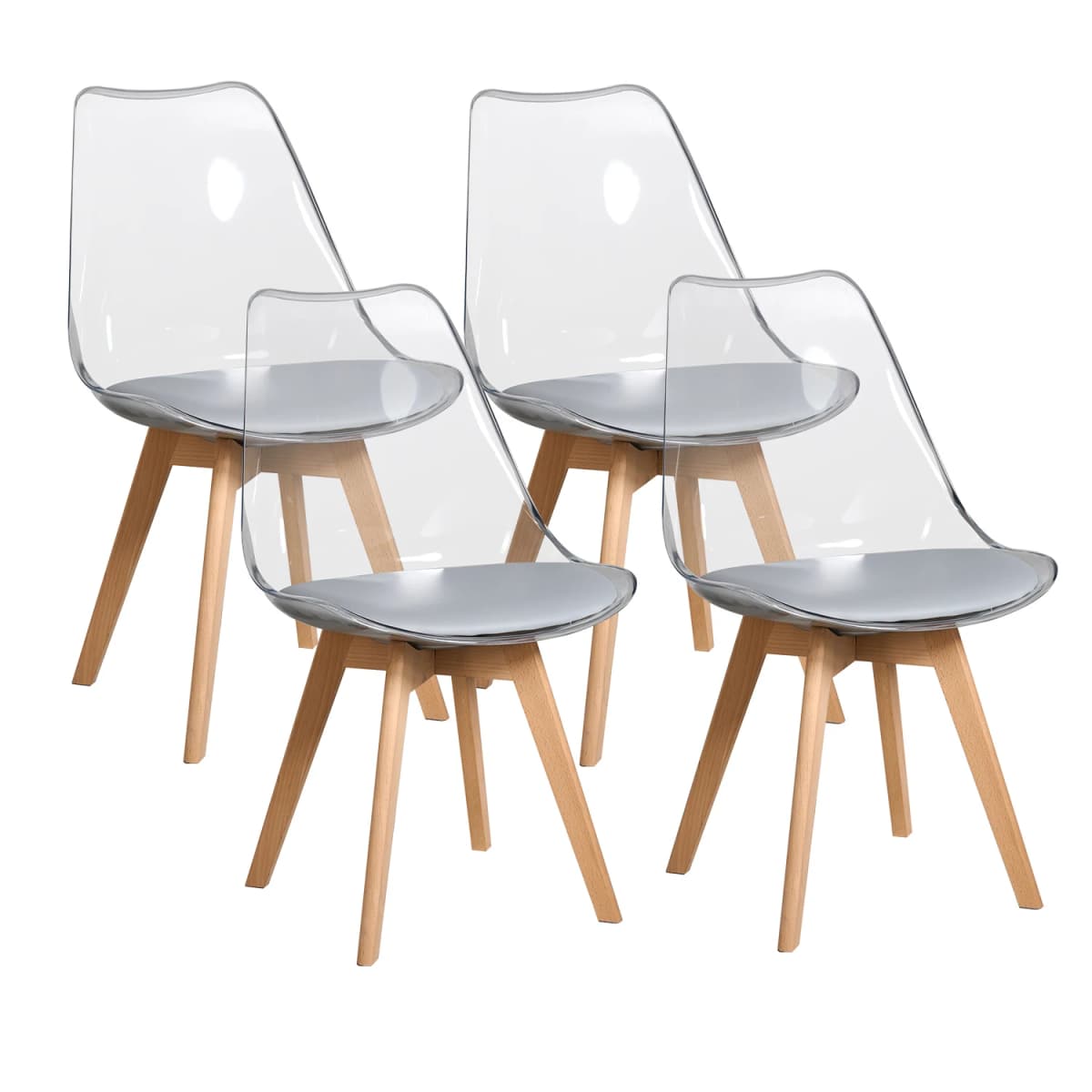 Set of 4 Transparent Dining Chair Wood Legs Modern Comfortable PU Chair for Kitchen Bedroom Living Room Home Kitchen Furniture