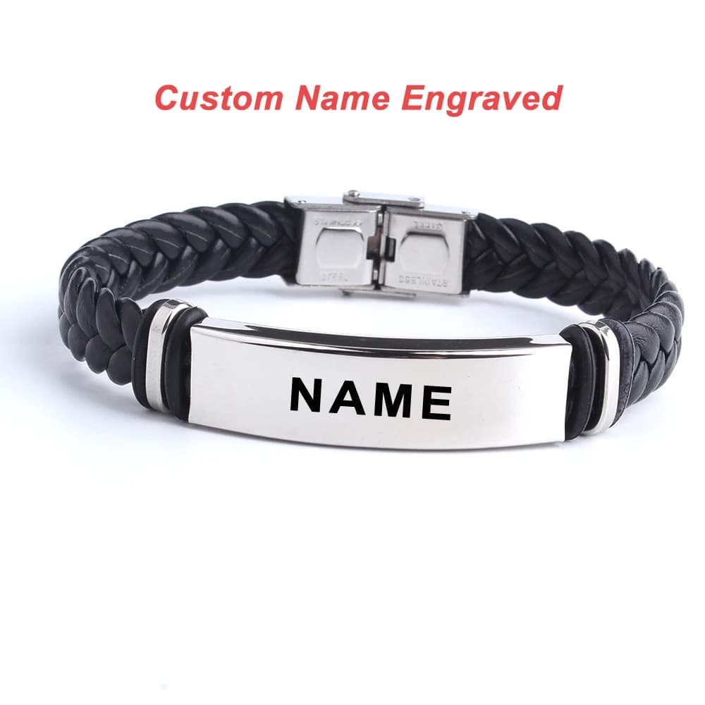 Punk SOS Custom Logo Name Engrave Text Leather Bangle & Bracelet Customize Stainless Steel Bracelets For Women Men ID Bracelet