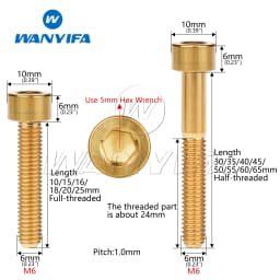 Wanyifa Titanium Ti Bolts M6 x 10 15 16 18 20 25 30 35 40 45 50 55 60 65mm Screw for Bicycle Headset Brake
