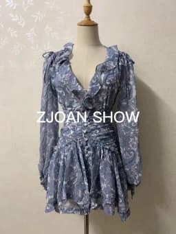 Blue Floral Print Chiffon Mini Dress Women Wood Ears Ruffles V Neck Open Buttons Slim Ruched Waist Long Sleeve Holiday Robe