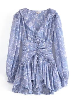 Blue Floral Print Chiffon Mini Dress Women Wood Ears Ruffles V Neck Open Buttons Slim Ruched Waist Long Sleeve Holiday Robe