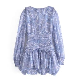 Blue Floral Print Chiffon Mini Dress Women Wood Ears Ruffles V Neck Open Buttons Slim Ruched Waist Long Sleeve Holiday Robe