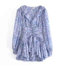 Blue Floral Print Chiffon Mini Dress Women Wood Ears Ruffles V Neck Open Buttons Slim Ruched Waist Long Sleeve Holiday Robe