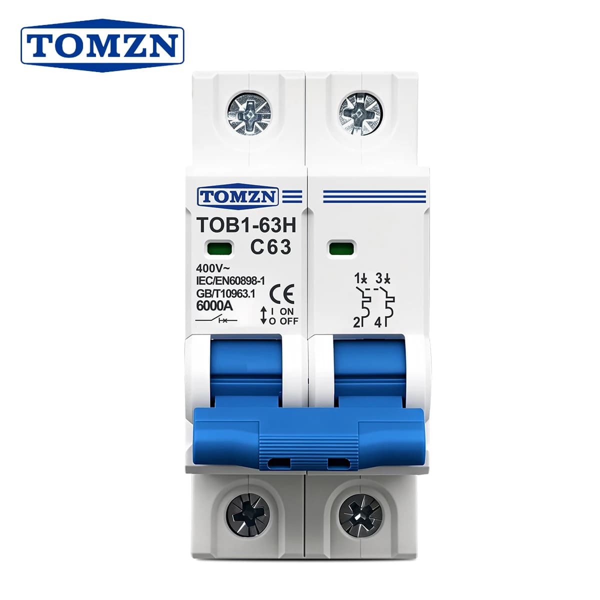 TOMZN 2P AC MCB TOB1-63 C Type 230/400V~ 50Hz/60Hz Mini Circuit Breaker 6A 10A 16A 20A 25A 32A 40A 50A 63A