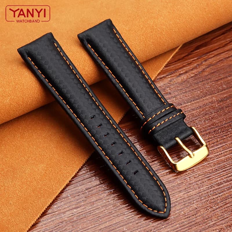 Genuine Leather Bracelet Carbon Fiber Grain Watchband 18mm 20mm Red Orange Stitching Watch Band 21mm 22mm 23mm 24mm Watch Strap