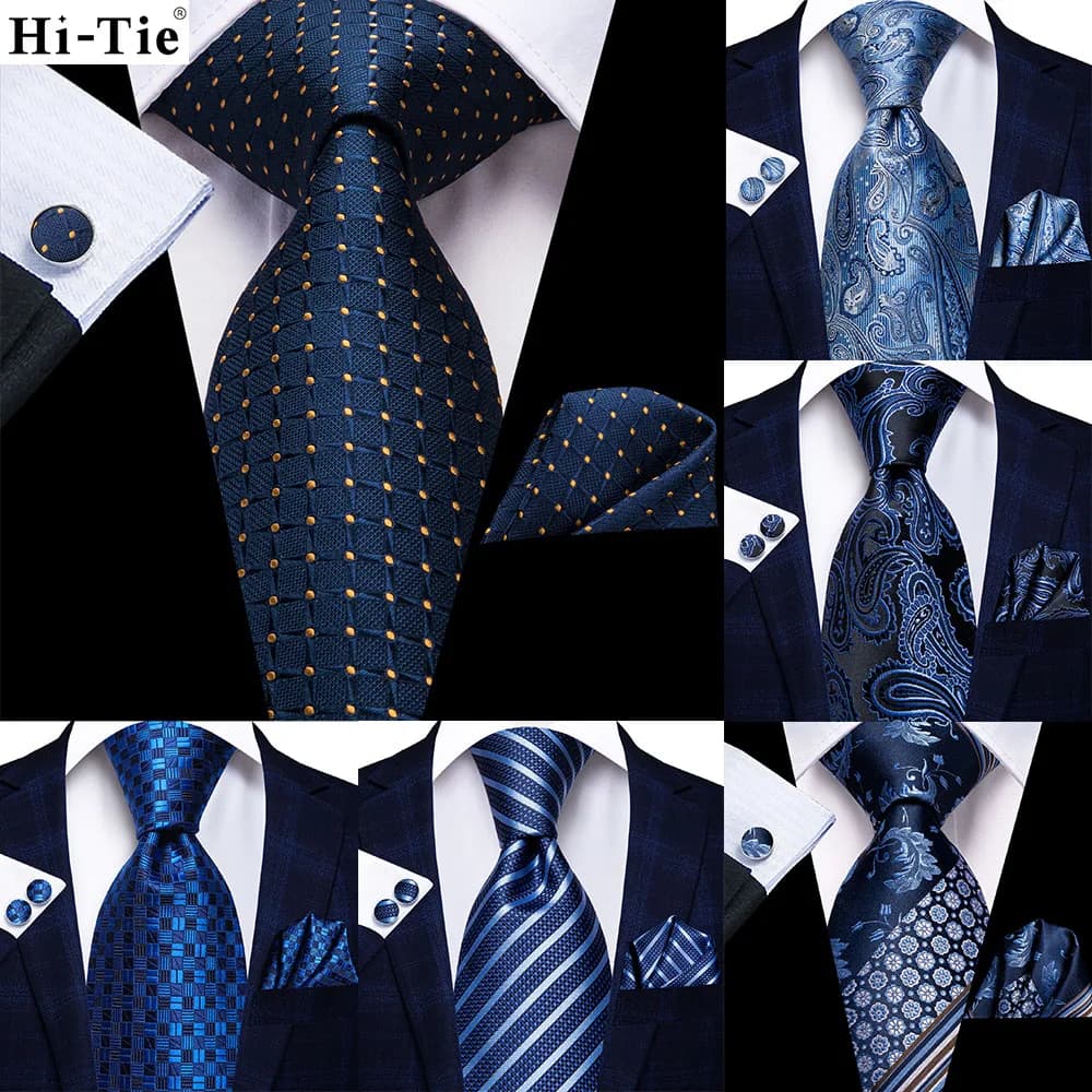 Navy Blue 63inches Mens Tie Set Extra Long Ties for Men Handkerchief Woven Classic Mens 160cm Necktie Pocket Square