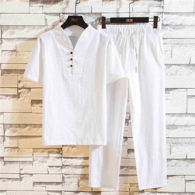 (Shirt + trousers) summer men shirt Man Cotton shirts Short sleeve men's casual shirts men A set of clothes size M-5XL