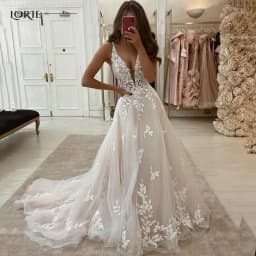 LORIE Boho Lace Elegant Wedding Dresses Low-Cut V-Neck Applique Bride Gowns Princess Spaghetti Strap Bridal Gown PartyCustomized