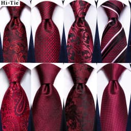Hi-Tie Red Burgundy Paisley Solid Striped Wedding Tie For Men Business Party Silk Dropshipping Mens Necktie Hanky Cufflinks Set