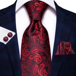 Hi-Tie Red Burgundy Paisley Solid Striped Wedding Tie For Men Business Party Silk Dropshipping Mens Necktie Hanky Cufflinks Set