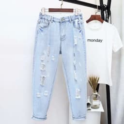 4XL 5XL Plus Size Jeans Woman High Waist Denim Trousers Loose Hole Ripped Jeans For Women Washed Summer Autumn Jean Femme C7419