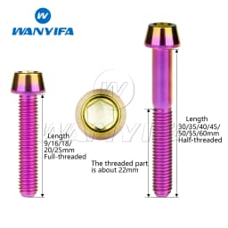 Wanyifa Titanium Bolt M5 x 9 16 18 20 25 30 35 40 45 50 55 60mm Allen Key Taper Head Bolt Screw for Bicycle Stem Seatpost