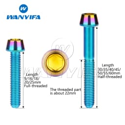 Wanyifa Titanium Bolt M5 x 9 16 18 20 25 30 35 40 45 50 55 60mm Allen Key Taper Head Bolt Screw for Bicycle Stem Seatpost