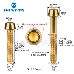 Wanyifa Titanium Bolt M5 x 9 16 18 20 25 30 35 40 45 50 55 60mm Allen Key Taper Head Bolt Screw for Bicycle Stem Seatpost