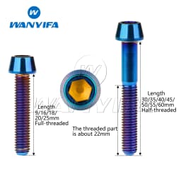 Wanyifa Titanium Bolt M5 x 9 16 18 20 25 30 35 40 45 50 55 60mm Allen Key Taper Head Bolt Screw for Bicycle Stem Seatpost