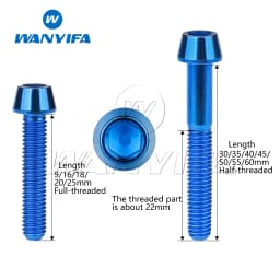 Wanyifa Titanium Bolt M5 x 9 16 18 20 25 30 35 40 45 50 55 60mm Allen Key Taper Head Bolt Screw for Bicycle Stem Seatpost