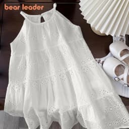 Bear Leader Cut-out Design Girl's Dress 2026 Summer Little Girl Fashion Sling White Holiday Medium Length Vest Dress Girls Dress