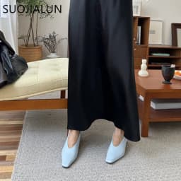 SUOJIALUN Autumn Women Pumps Shoes Fashion Shallow Slip On Ladies Eelgant Single Shoes Square High Heel Outdoor Dress Pumps