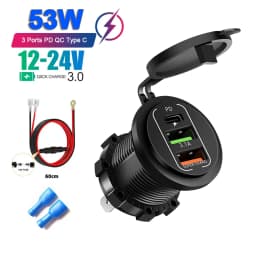 Car Charger Socket Dual Type-C & Dual USB 4Ports Fast Charging Socket Waterproof with Voltmeter 12V/24V For Car Boat Motorcycle
