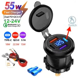Car Charger Socket Dual Type-C & Dual USB 4Ports Fast Charging Socket Waterproof with Voltmeter 12V/24V For Car Boat Motorcycle