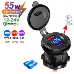 Car Charger Socket Dual Type-C & Dual USB 4Ports Fast Charging Socket Waterproof with Voltmeter 12V/24V For Car Boat Motorcycle