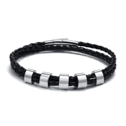 Vnox Free Custom Name Mens Braided Genuine Leather Bracelet Gifts Jewelry,Stainless Steel Beads Charm with Family Names,Dad Gift