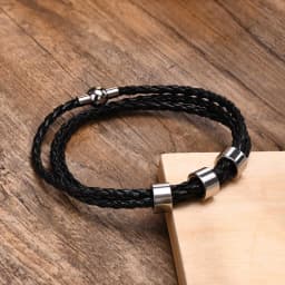 Vnox Free Custom Name Mens Braided Genuine Leather Bracelet Gifts Jewelry,Stainless Steel Beads Charm with Family Names,Dad Gift