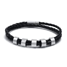 Vnox Free Custom Name Mens Braided Genuine Leather Bracelet Gifts Jewelry,Stainless Steel Beads Charm with Family Names,Dad Gift
