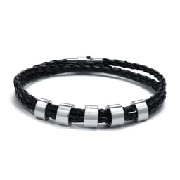 Vnox Free Custom Name Mens Braided Genuine Leather Bracelet Gifts Jewelry,Stainless Steel Beads Charm with Family Names,Dad Gift
