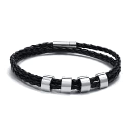 Vnox Free Custom Name Mens Braided Genuine Leather Bracelet Gifts Jewelry,Stainless Steel Beads Charm with Family Names,Dad Gift