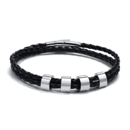 Vnox Free Custom Name Mens Braided Genuine Leather Bracelet Gifts Jewelry,Stainless Steel Beads Charm with Family Names,Dad Gift
