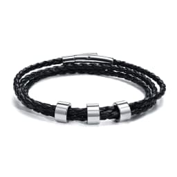 Vnox Free Custom Name Mens Braided Genuine Leather Bracelet Gifts Jewelry,Stainless Steel Beads Charm with Family Names,Dad Gift