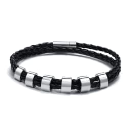 Vnox Free Custom Name Mens Braided Genuine Leather Bracelet Gifts Jewelry,Stainless Steel Beads Charm with Family Names,Dad Gift