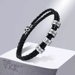 Vnox Free Custom Name Mens Braided Genuine Leather Bracelet Gifts Jewelry,Stainless Steel Beads Charm with Family Names,Dad Gift