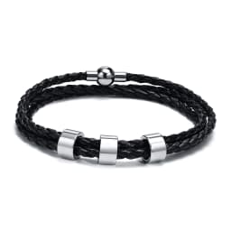 Vnox Free Custom Name Mens Braided Genuine Leather Bracelet Gifts Jewelry,Stainless Steel Beads Charm with Family Names,Dad Gift