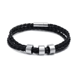 Vnox Free Custom Name Mens Braided Genuine Leather Bracelet Gifts Jewelry,Stainless Steel Beads Charm with Family Names,Dad Gift