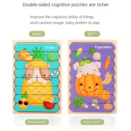 Cartoon Animal Double-sided Strip Wooden Puzzles Kids Montessori Jigsaw Game Baby Educational Toys for Children
