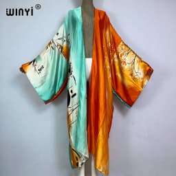 WINYI 2022 Summer Women Cardigan Stitch Cocktail Sexy Boho Maxi African Holiday Batwing Sleeve Silk Feeling Robe Kimono Kaftan