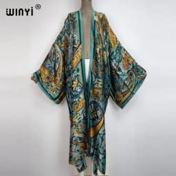 WINYI 2022 Summer Women Cardigan Stitch Cocktail Sexy Boho Maxi African Holiday Batwing Sleeve Silk Feeling Robe Kimono Kaftan