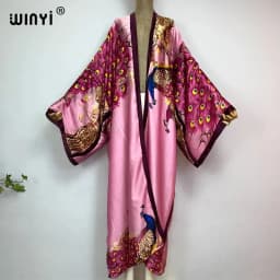 WINYI 2022 Summer Women Cardigan Stitch Cocktail Sexy Boho Maxi African Holiday Batwing Sleeve Silk Feeling Robe Kimono Kaftan