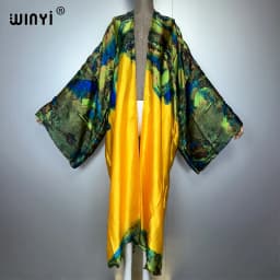 WINYI 2022 Summer Women Cardigan Stitch Cocktail Sexy Boho Maxi African Holiday Batwing Sleeve Silk Feeling Robe Kimono Kaftan