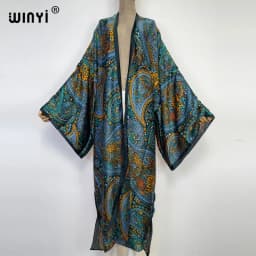 WINYI 2022 Summer Women Cardigan Stitch Cocktail Sexy Boho Maxi African Holiday Batwing Sleeve Silk Feeling Robe Kimono Kaftan
