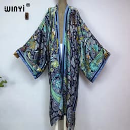 WINYI 2022 Summer Women Cardigan Stitch Cocktail Sexy Boho Maxi African Holiday Batwing Sleeve Silk Feeling Robe Kimono Kaftan
