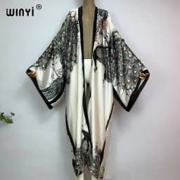 WINYI 2022 Summer Women Cardigan Stitch Cocktail Sexy Boho Maxi African Holiday Batwing Sleeve Silk Feeling Robe Kimono Kaftan