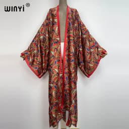 WINYI 2022 Summer Women Cardigan Stitch Cocktail Sexy Boho Maxi African Holiday Batwing Sleeve Silk Feeling Robe Kimono Kaftan