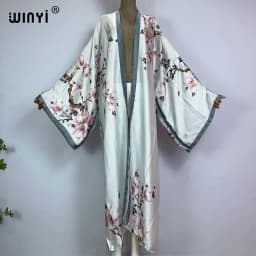 WINYI 2022 Summer Women Cardigan Stitch Cocktail Sexy Boho Maxi African Holiday Batwing Sleeve Silk Feeling Robe Kimono Kaftan