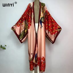 WINYI 2022 Summer Women Cardigan Stitch Cocktail Sexy Boho Maxi African Holiday Batwing Sleeve Silk Feeling Robe Kimono Kaftan