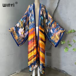 WINYI 2022 Summer Women Cardigan Stitch Cocktail Sexy Boho Maxi African Holiday Batwing Sleeve Silk Feeling Robe Kimono Kaftan